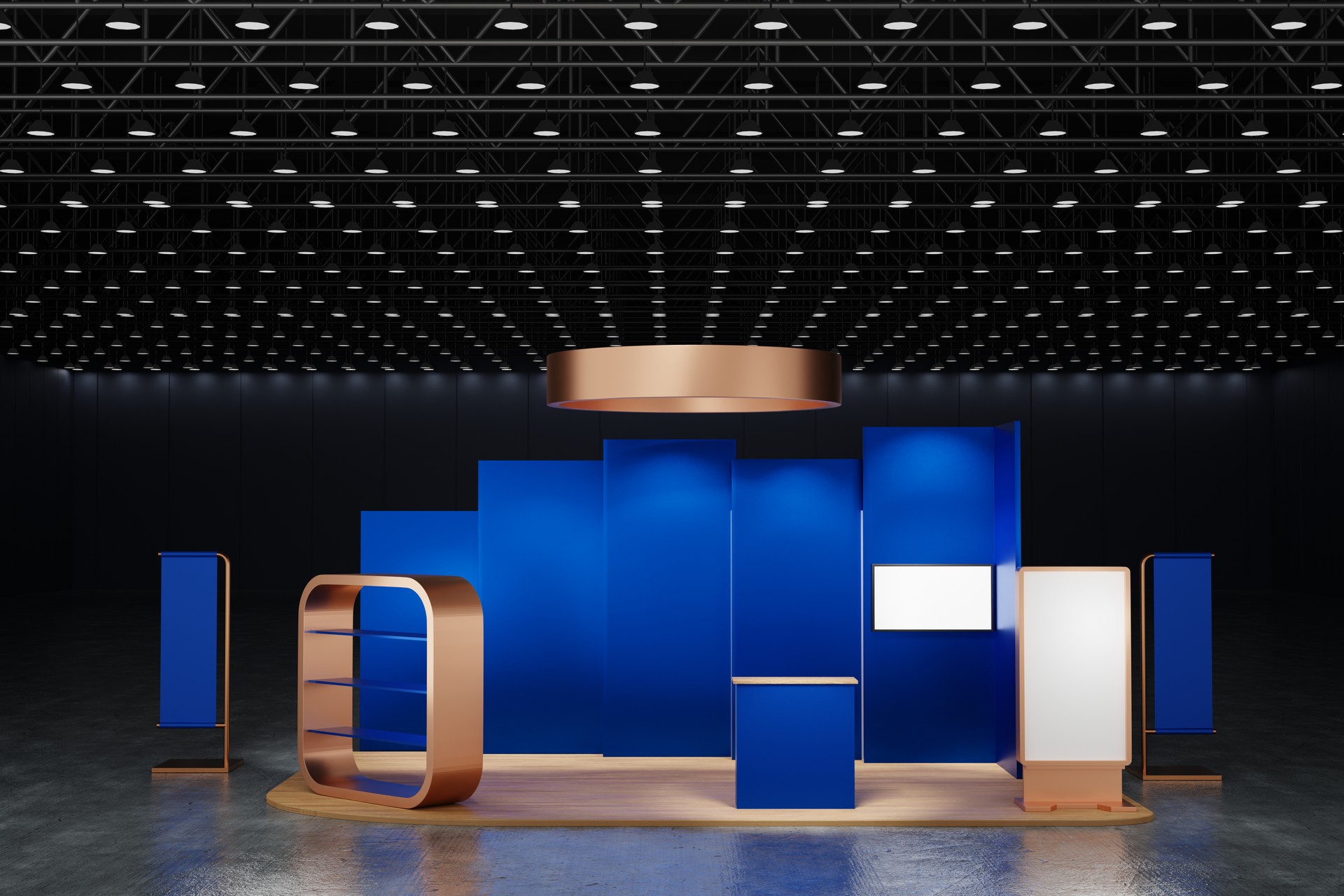 Booth exhibition stand display mockup design for event trade fair show in exhibition hall, 3D rendering.